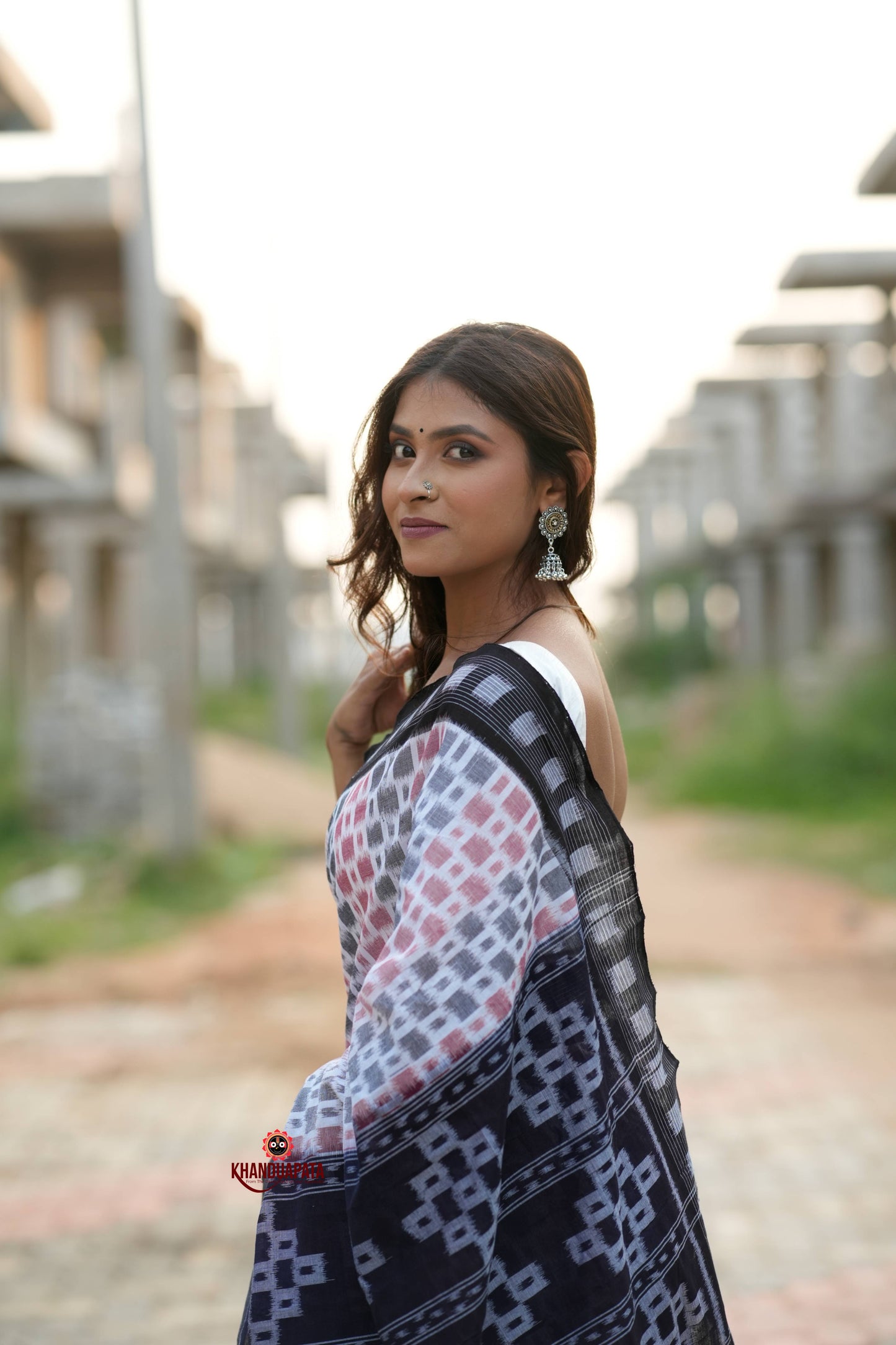 White & Black Multi Colour Box Design Cotton Saree For Women