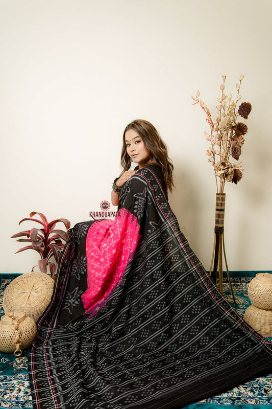 Light Pink & Black Design Cotton Saree For Women