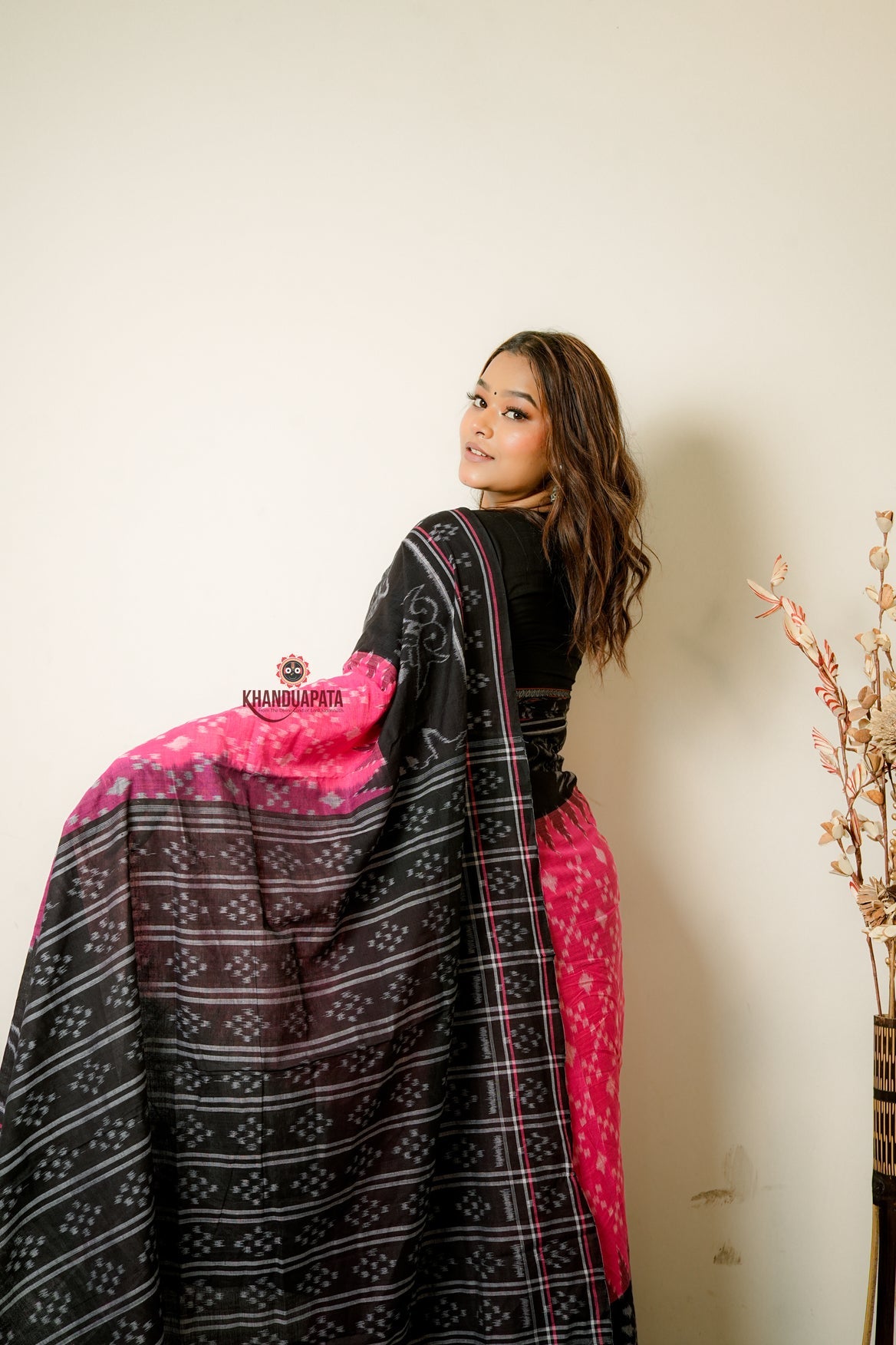 Light Pink & Black Design Cotton Saree For Women