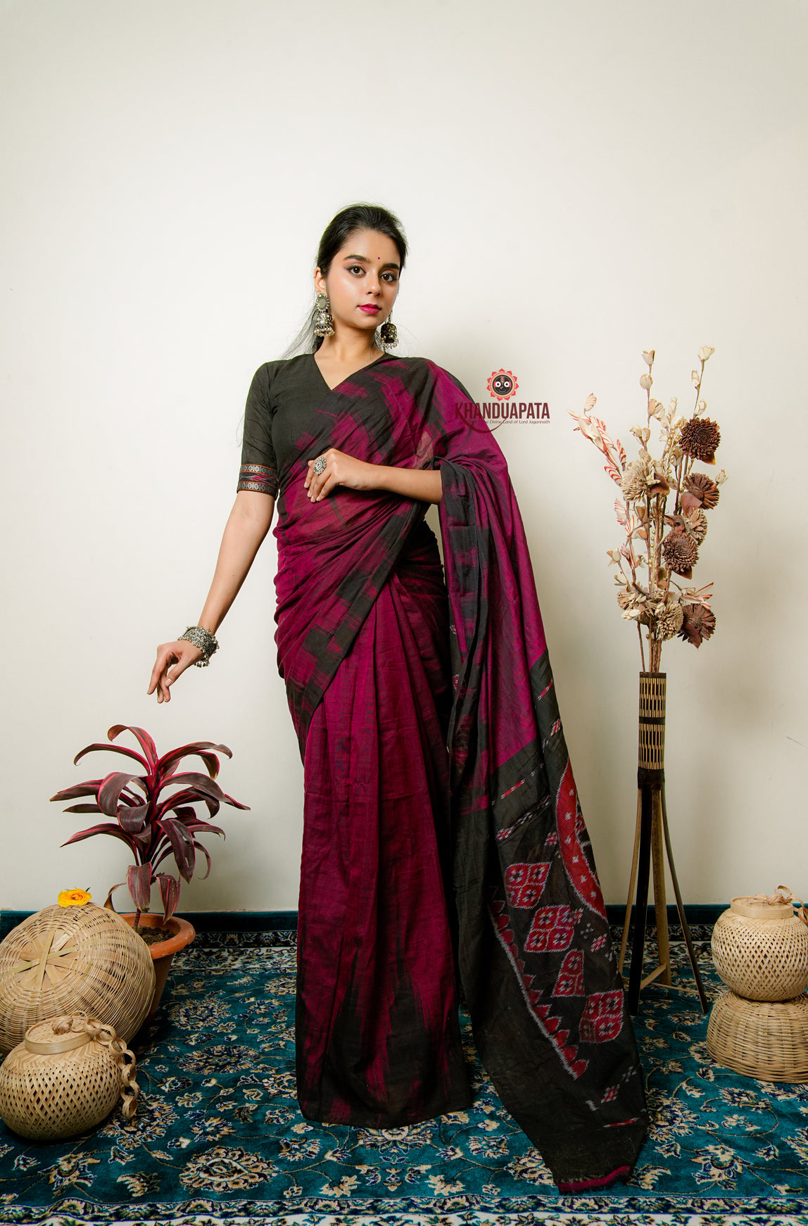 Deep Red Plain Cotton Saree For Women