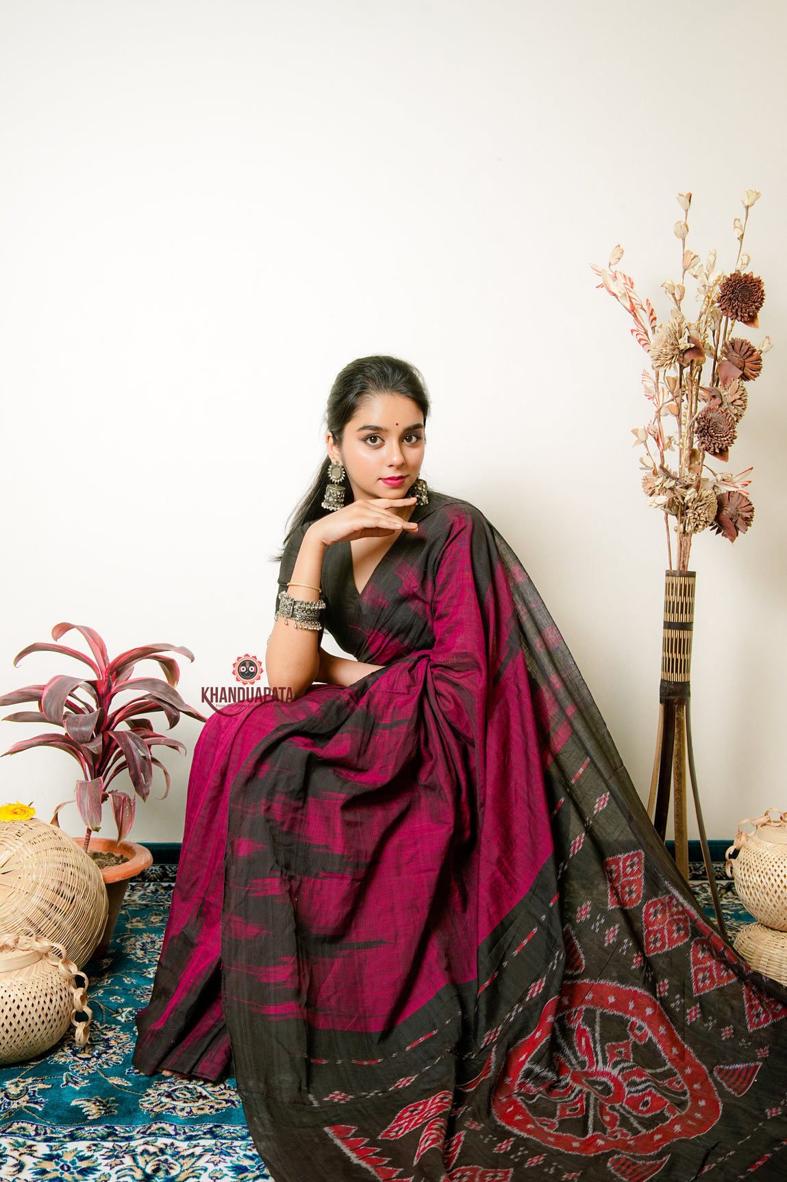 Deep Red Plain Cotton Saree For Women