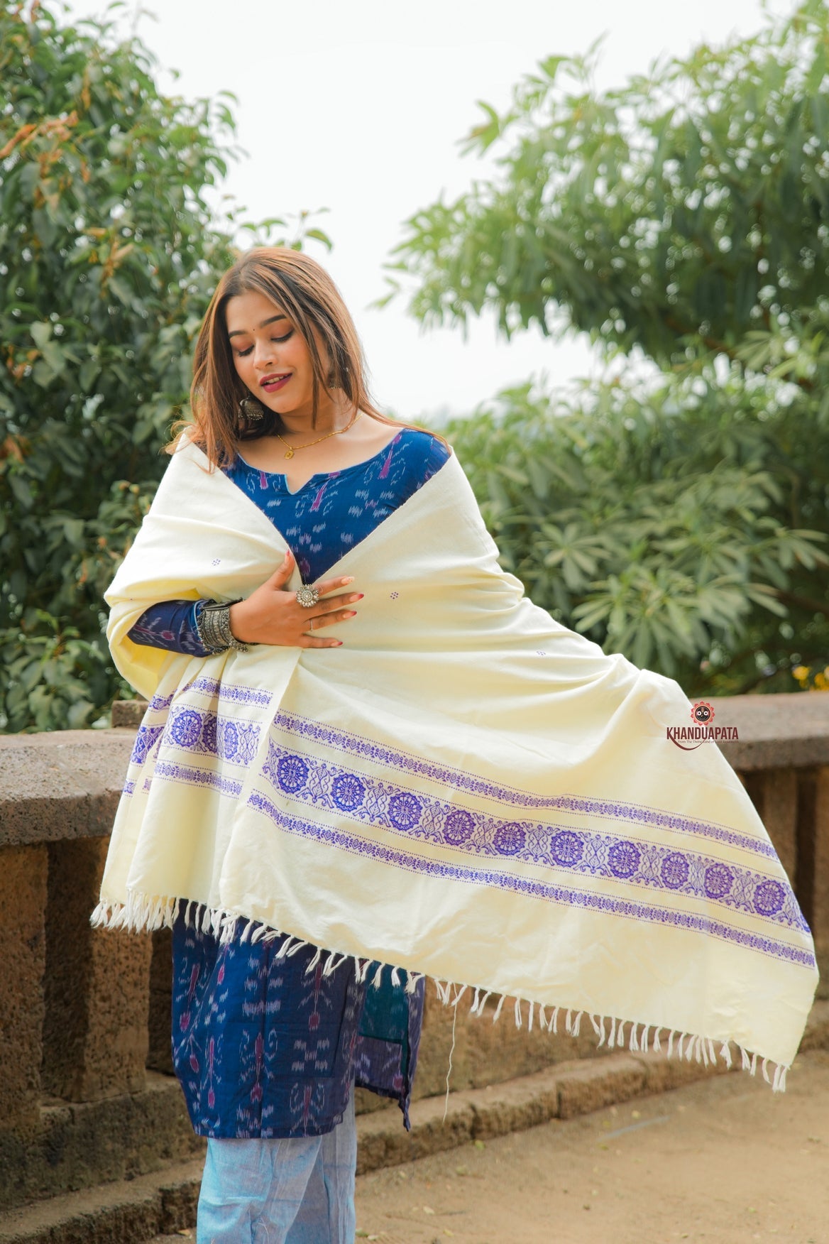 Indigo Blue Design Heritage Cotton Shawl For Winter