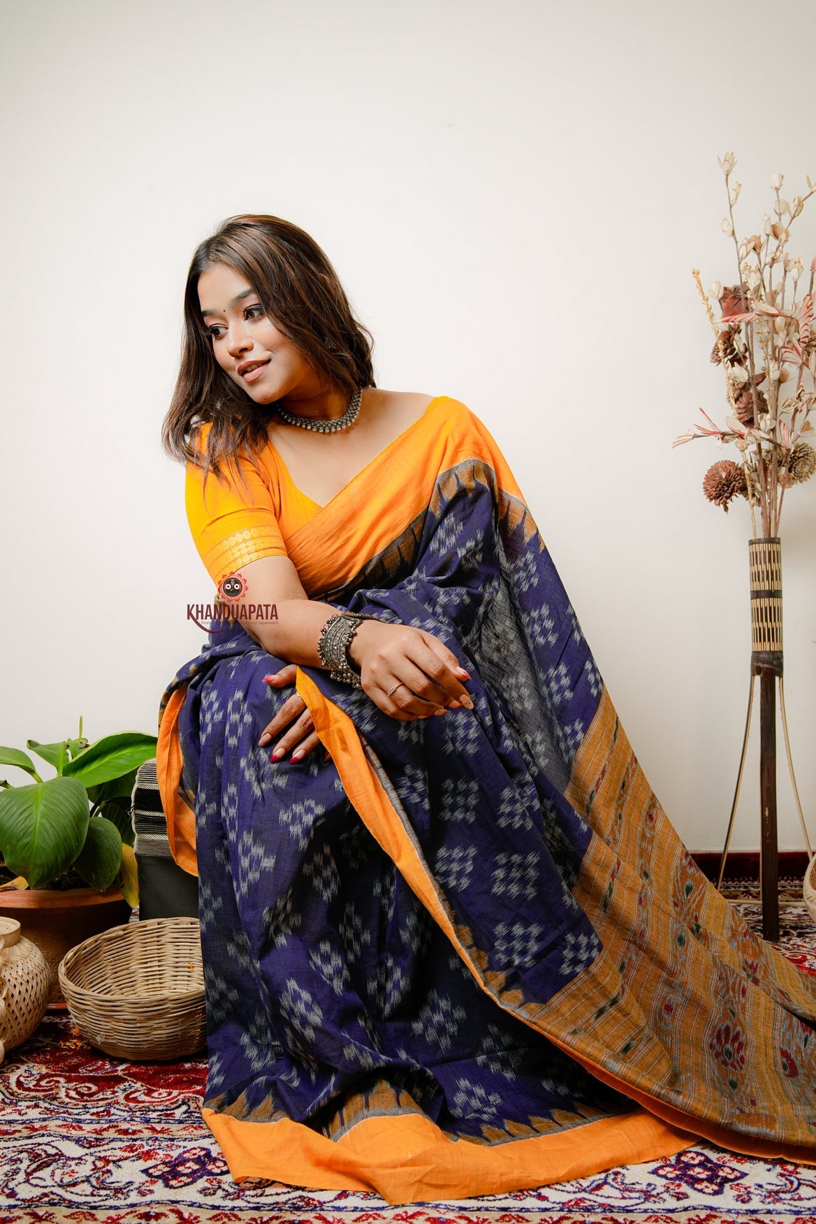 Yellow & Blue Small Star Design Cotton Saree For Women
