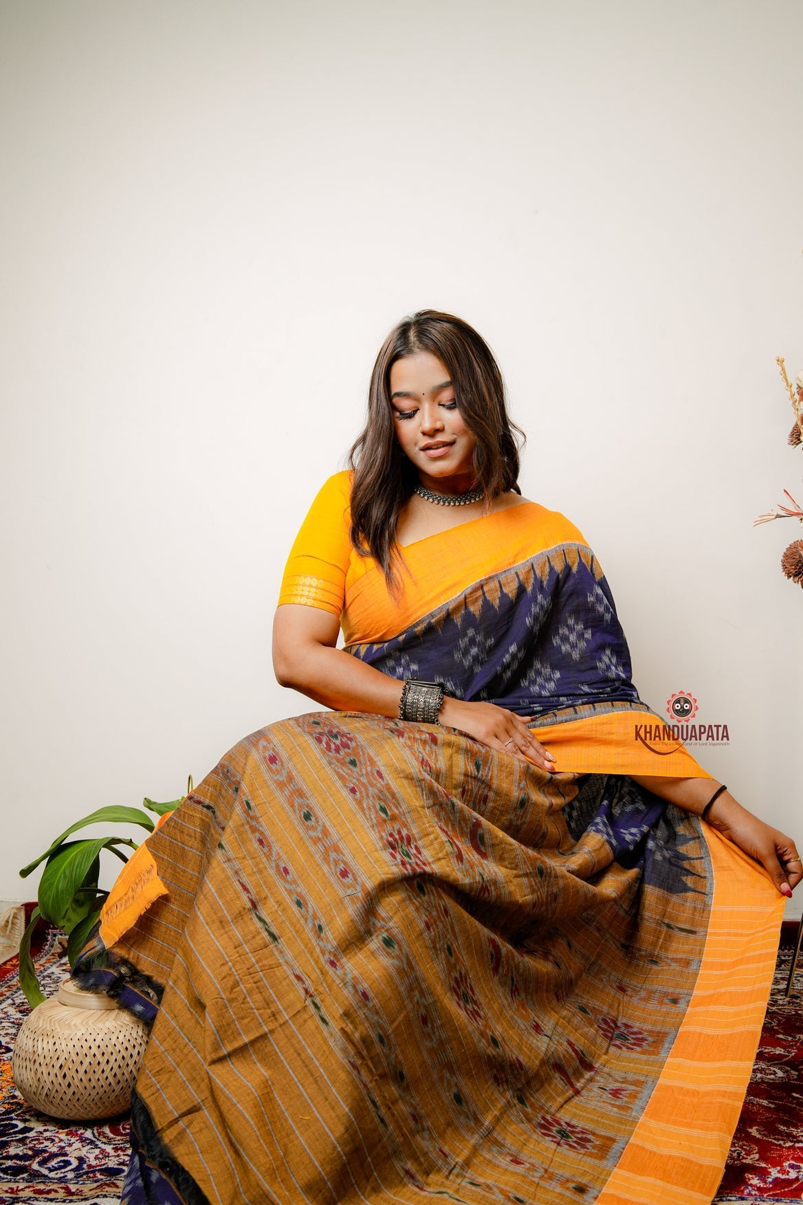 Yellow & Blue Small Star Design Cotton Saree For Women