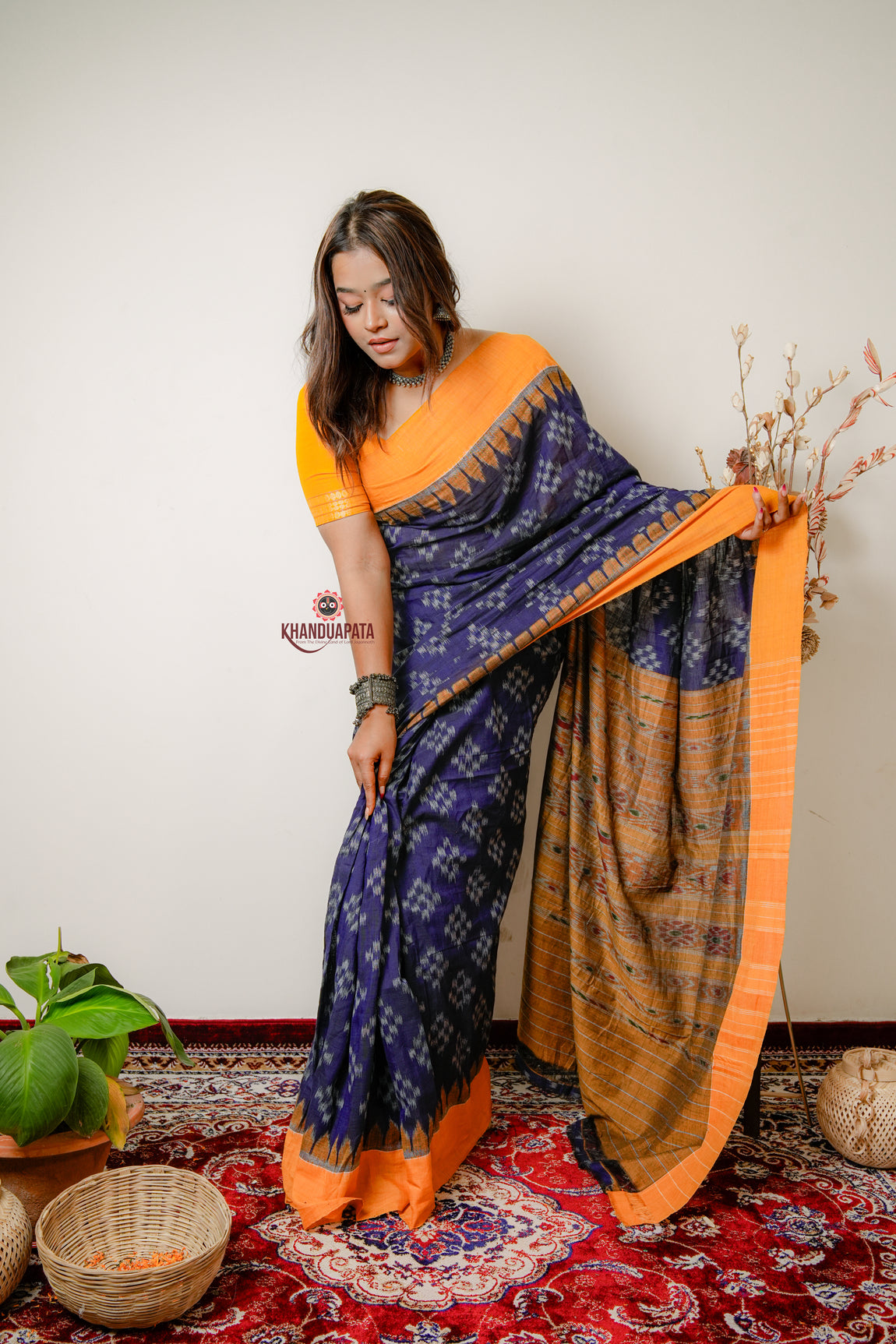 Yellow & Blue Small Star Design Cotton Saree For Women