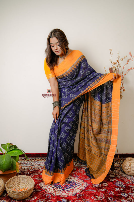 Yellow & Blue Small Star Design Cotton Saree For Women