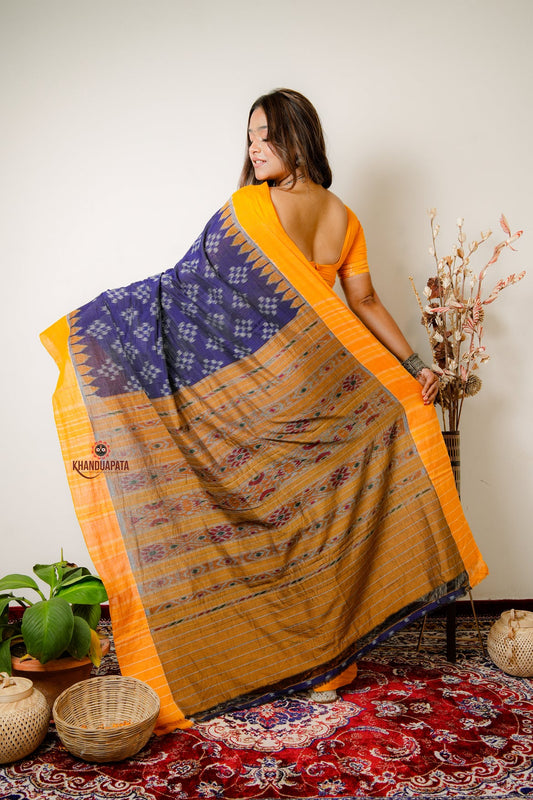 Yellow & Blue Small Star Design Cotton Saree For Women