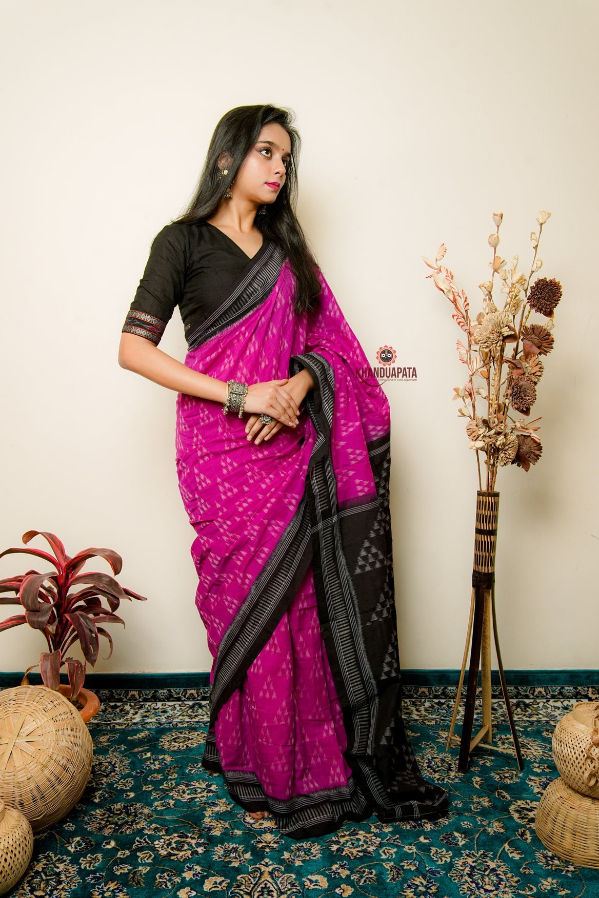 Deep Pink & Black Design Cotton Saree For Women
