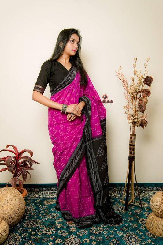 Deep Pink & Black Design Cotton Saree For Women