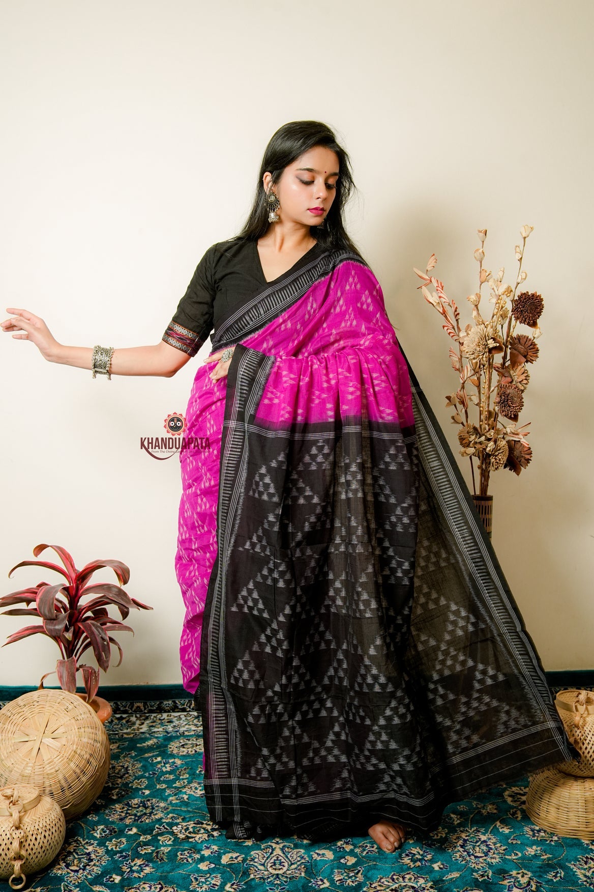 Deep Pink & Black Design Cotton Saree For Women