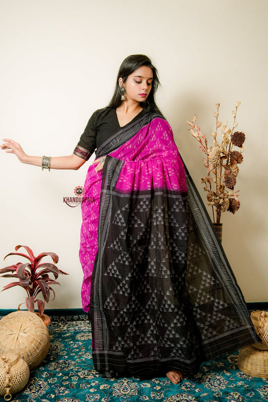 Deep Pink & Black Design Cotton Saree For Women