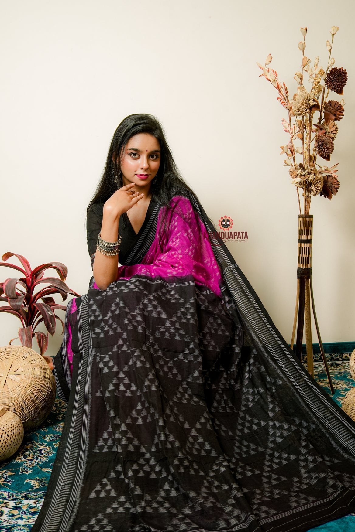 Deep Pink & Black Design Cotton Saree For Women