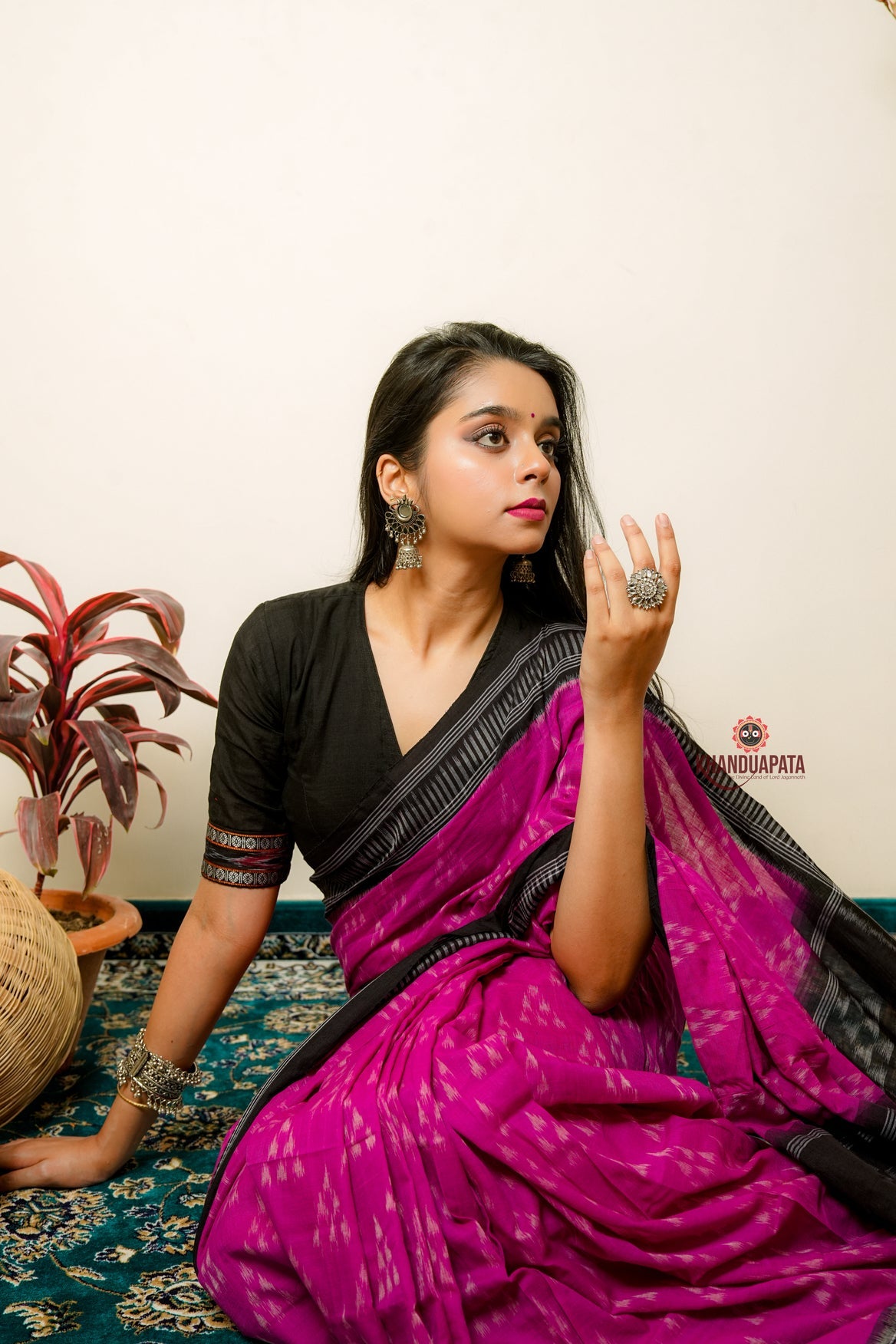 Deep Pink & Black Design Cotton Saree For Women