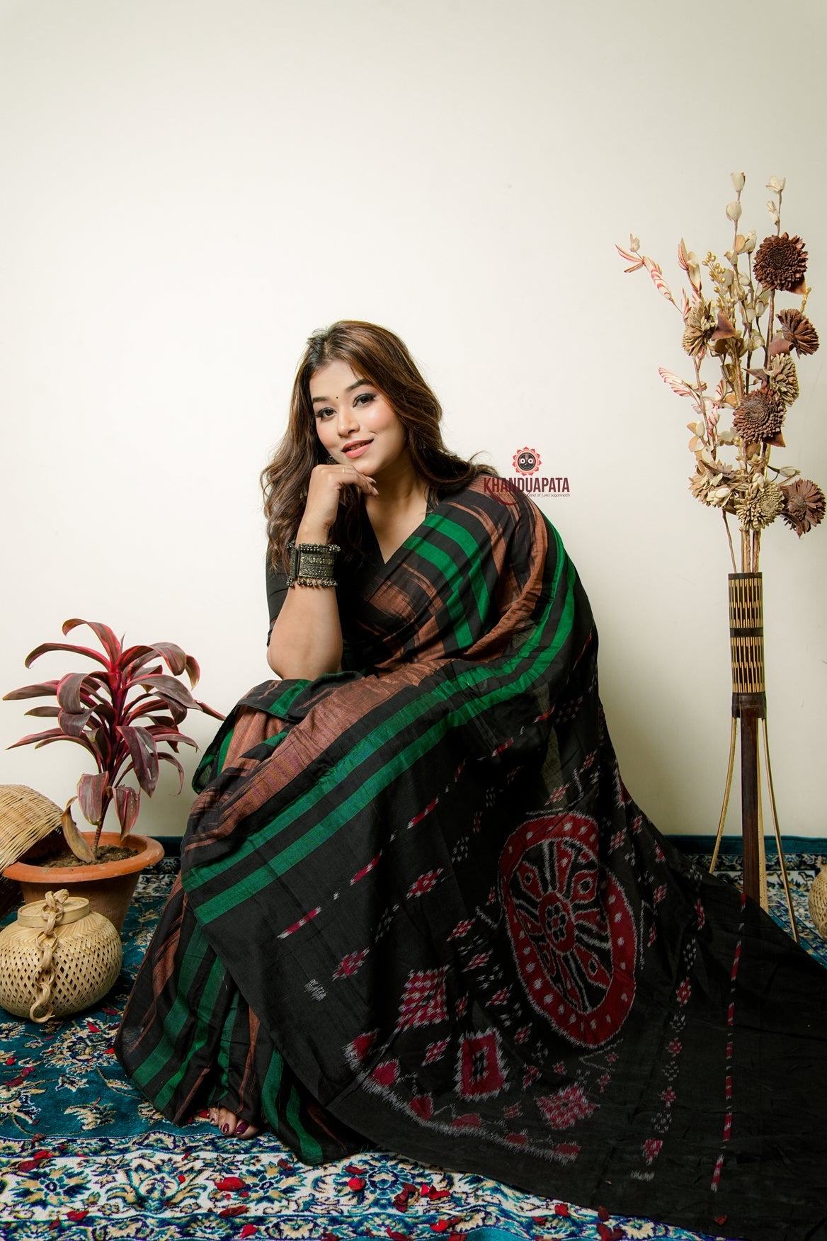 Green And Brown Colour Stripe Design Cotton Saree For Women
