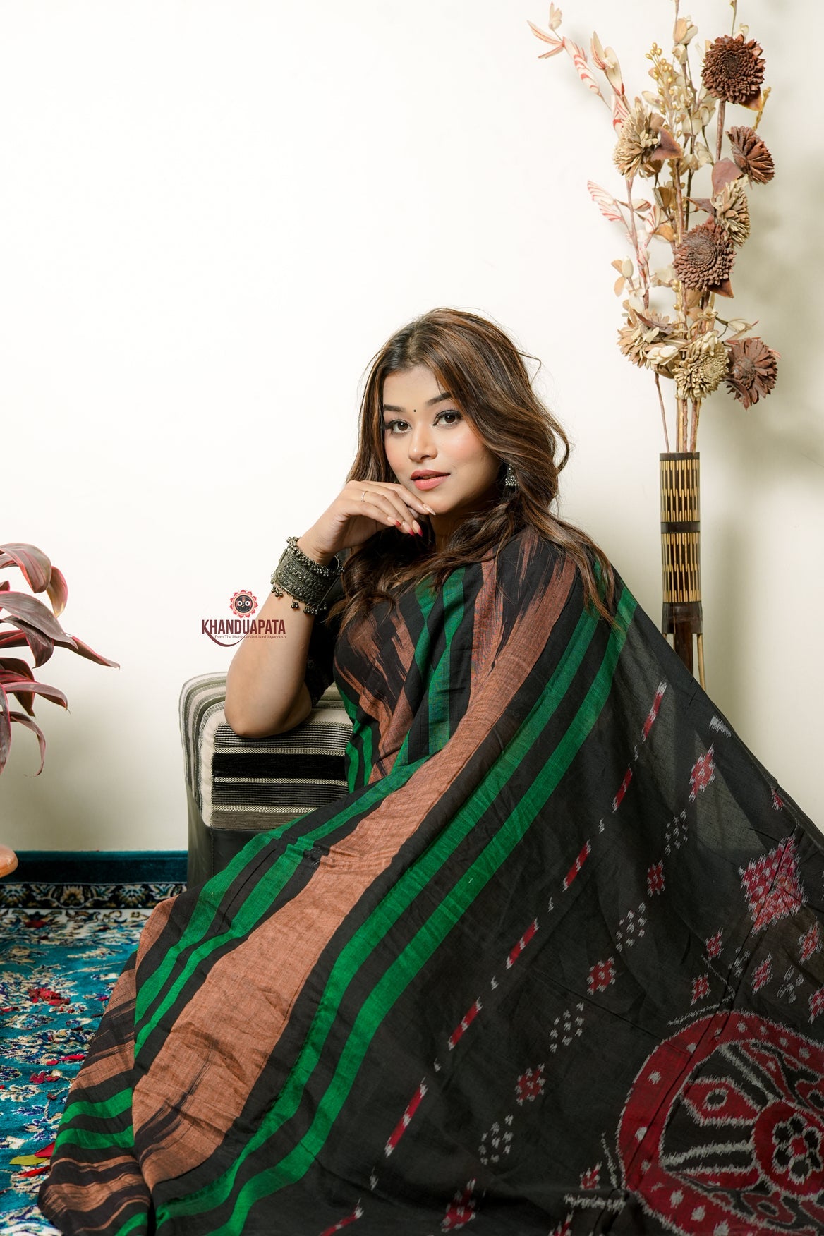 Green And Brown Colour Stripe Design Cotton Saree For Women