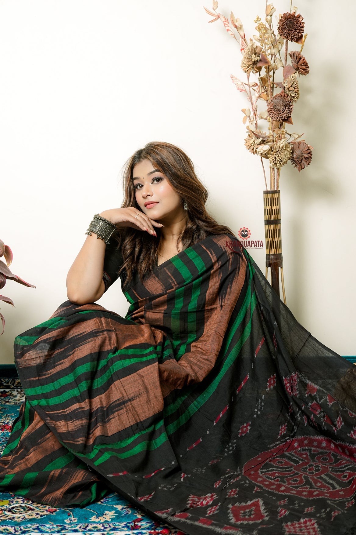 Green And Brown Colour Stripe Design Cotton Saree For Women