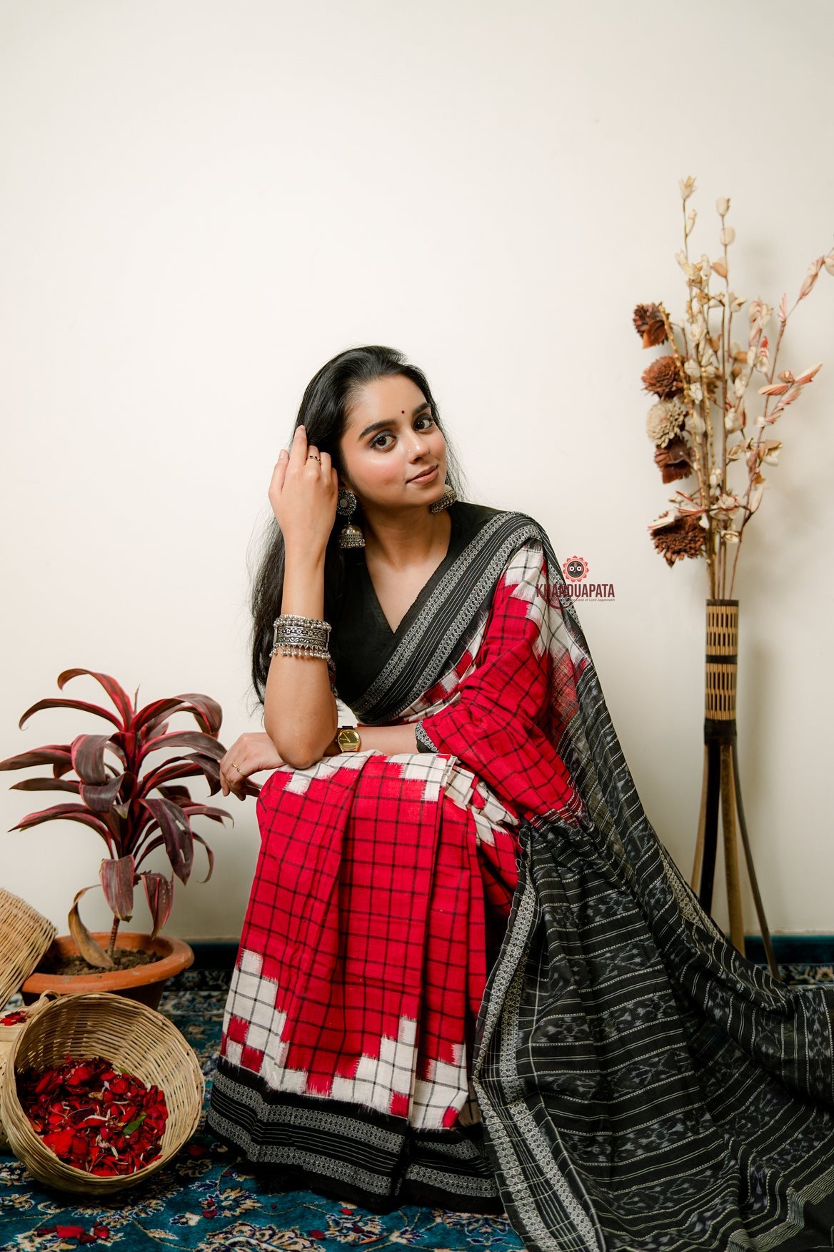 Red & White Stripe Design Cotton Saree For Women