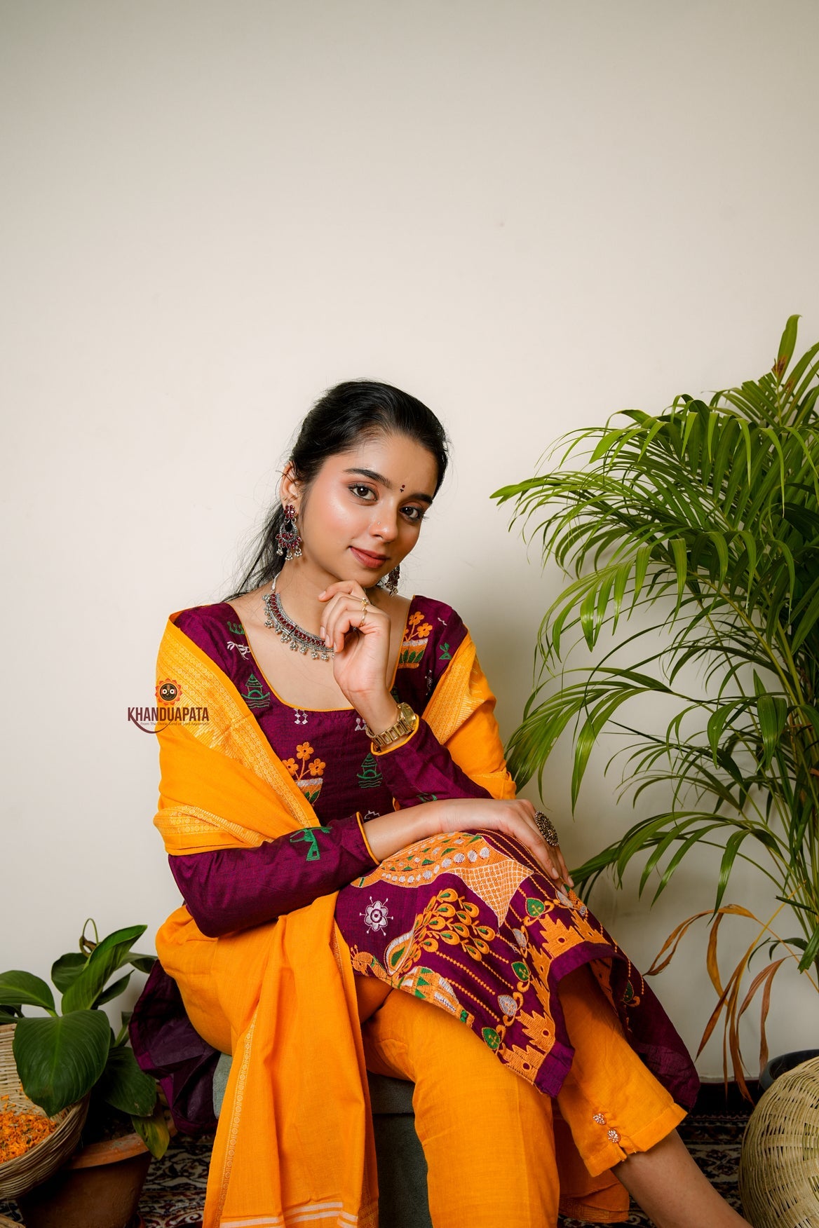 Deep Maroon & Yellow Embroidery Design Unstitched Cotton Suit For Women