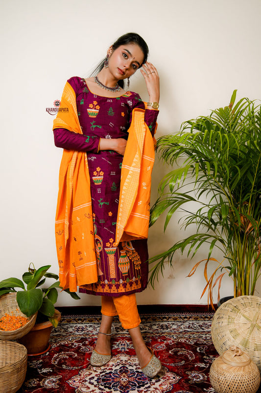 Deep Maroon & Yellow Embroidery Design Unstitched Cotton Suit For Women
