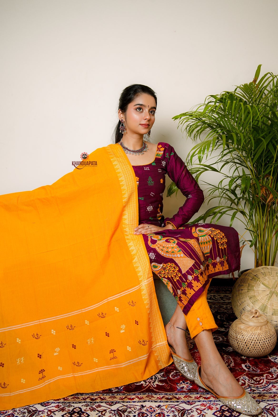 Deep Maroon & Yellow Embroidery Design Unstitched Cotton Suit For Women