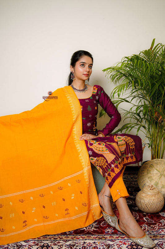 Deep Maroon & Yellow Embroidery Design Unstitched Cotton Suit For Women
