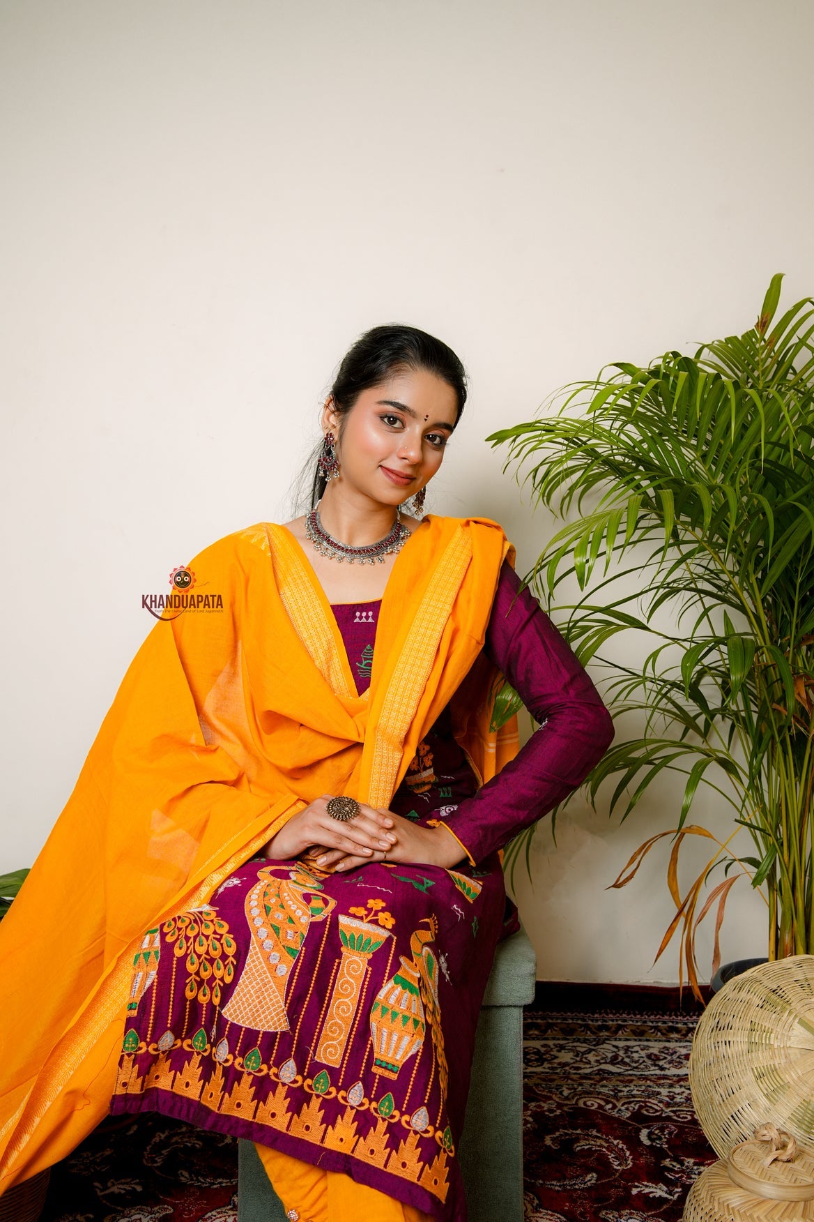 Deep Maroon & Yellow Embroidery Design Unstitched Cotton Suit For Women