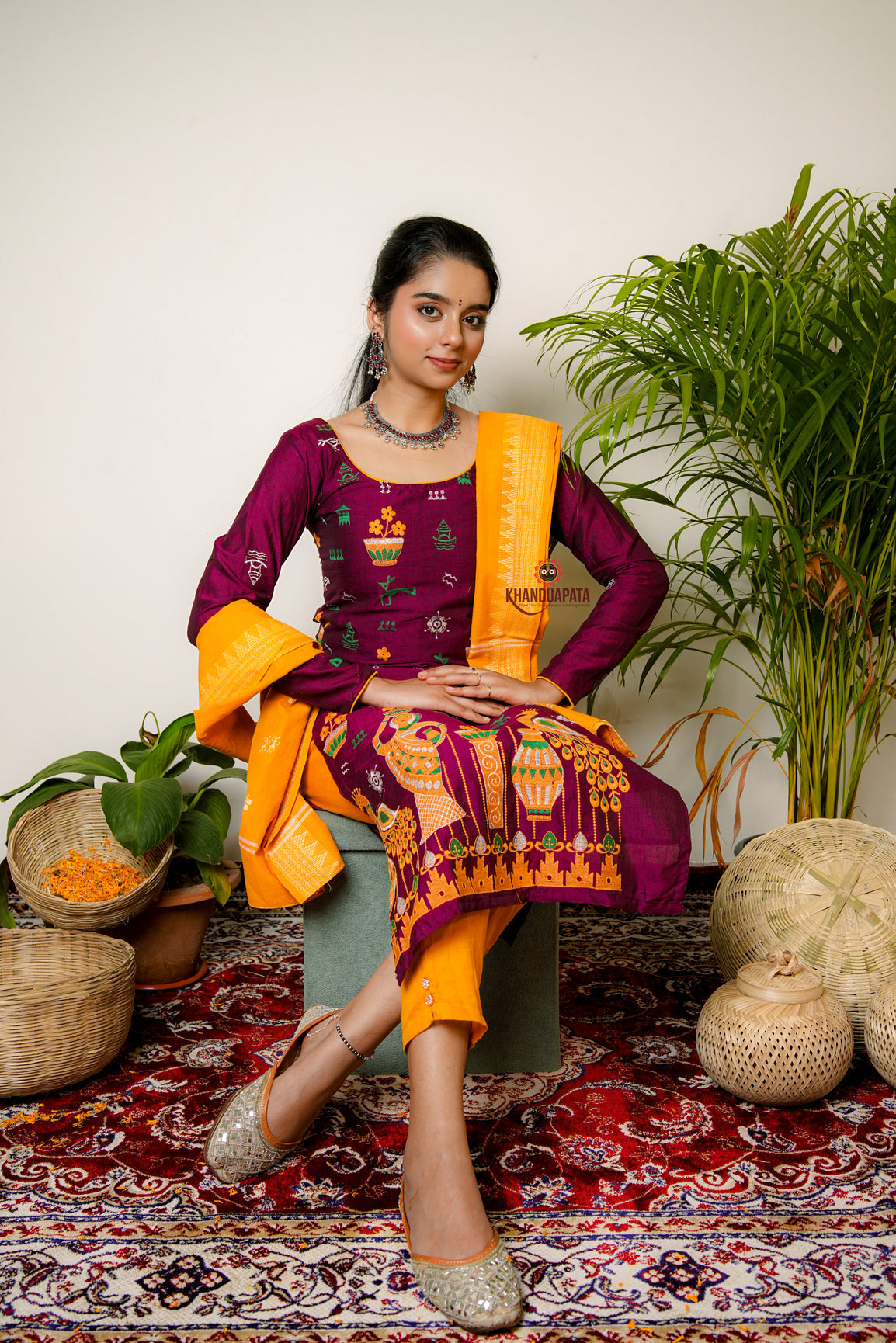 Deep Maroon & Yellow Embroidery Design Unstitched Cotton Suit For Women