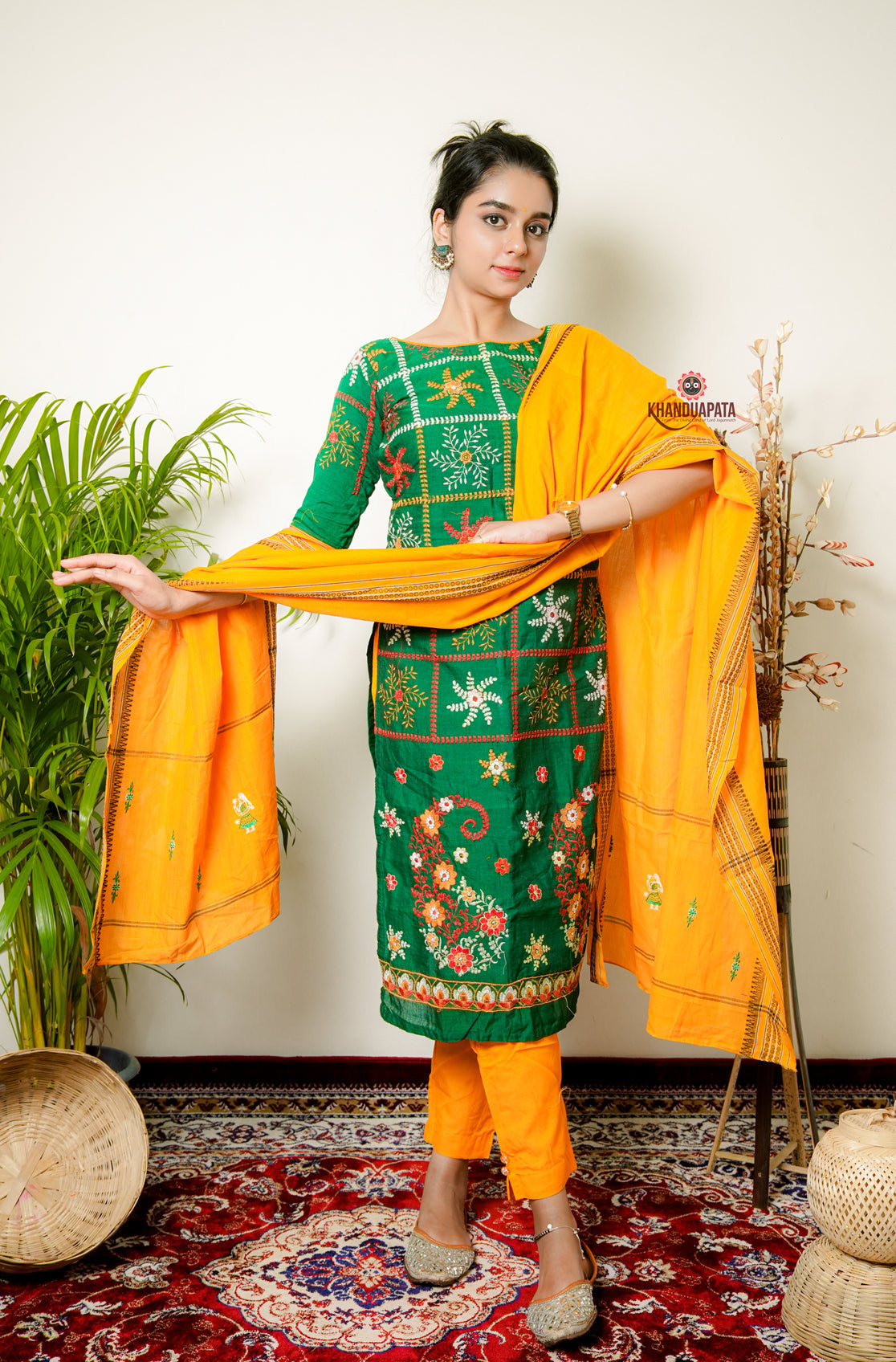 Green & Yellow Embroidery Design Unstitched Suit For Women