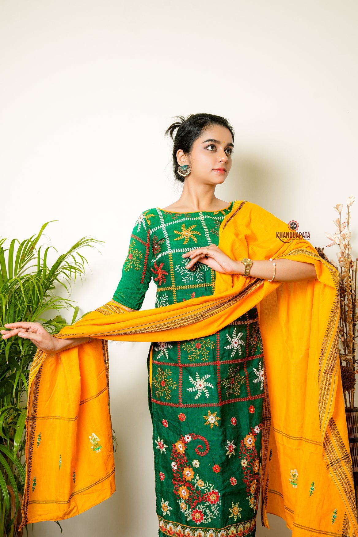 Green & Yellow Embroidery Design Unstitched Suit For Women