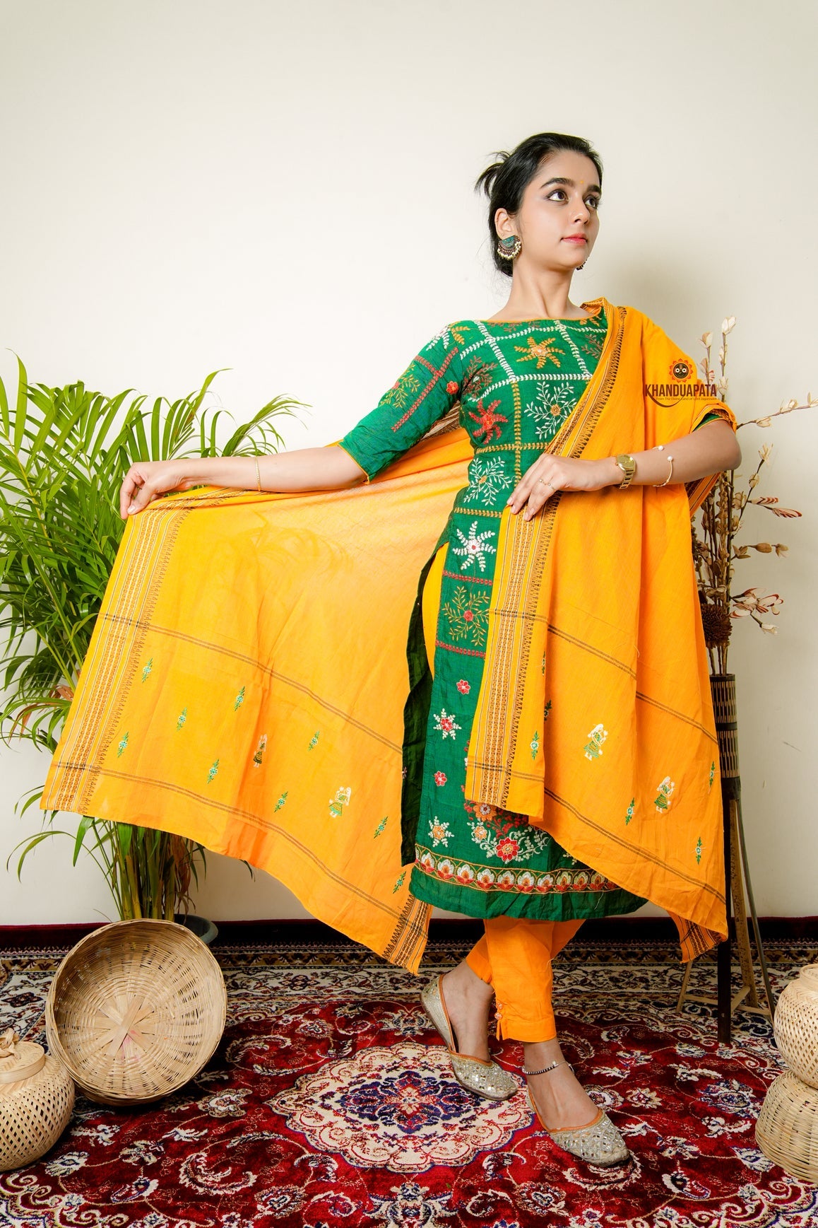 Green & Yellow Embroidery Design Unstitched Suit For Women