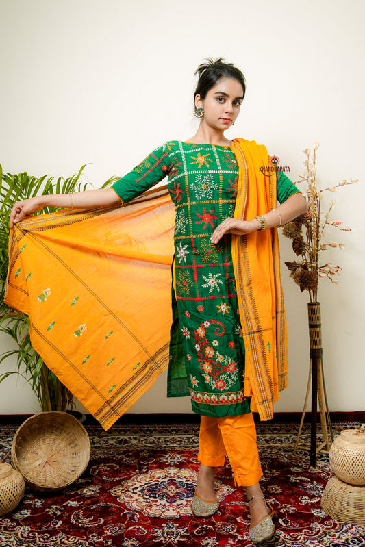 Green & Yellow Embroidery Design Unstitched Suit For Women