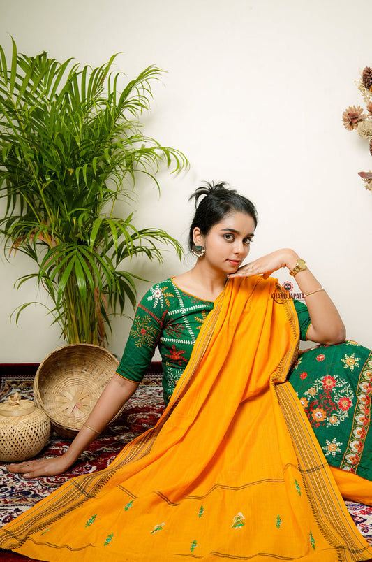 Green & Yellow Embroidery Design Unstitched Suit For Women