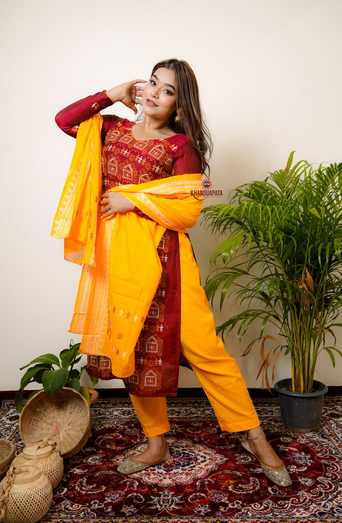 Maroon & Yellow Embroidery Design Unstitched Cotton Suit For Women