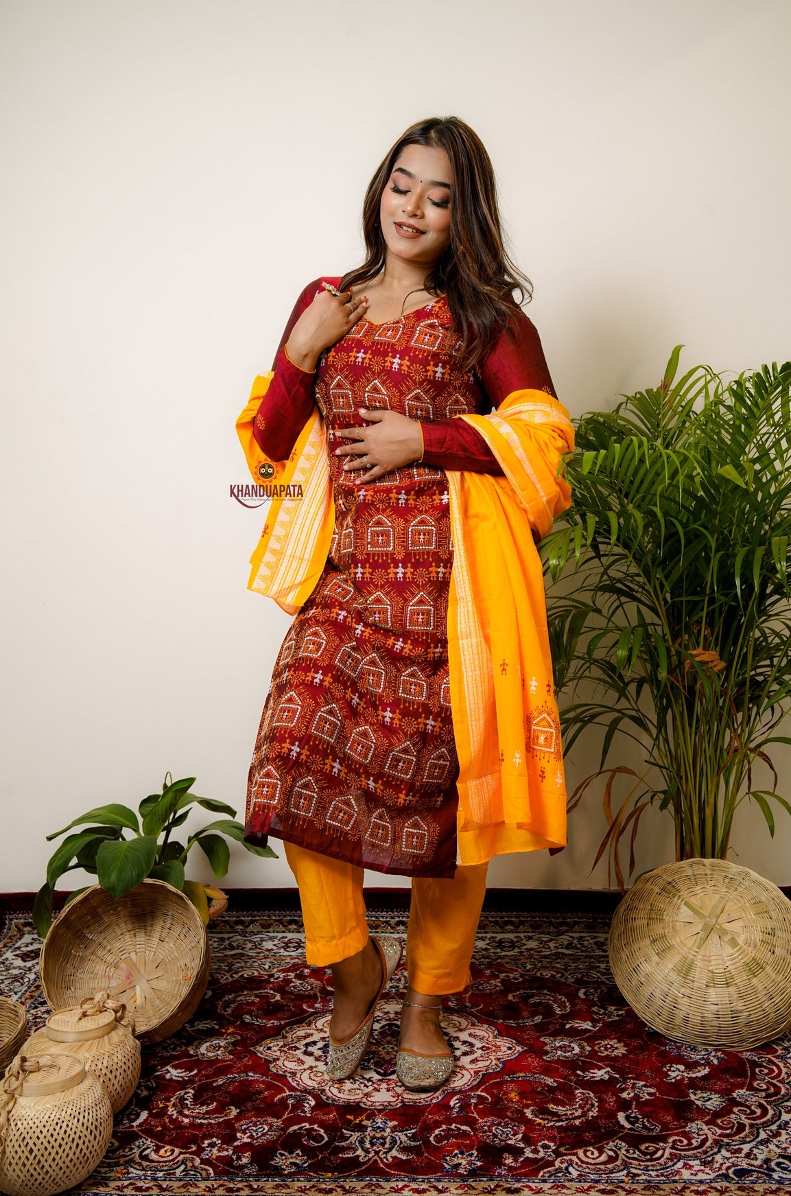 Maroon & Yellow Embroidery Design Unstitched Cotton Suit For Women