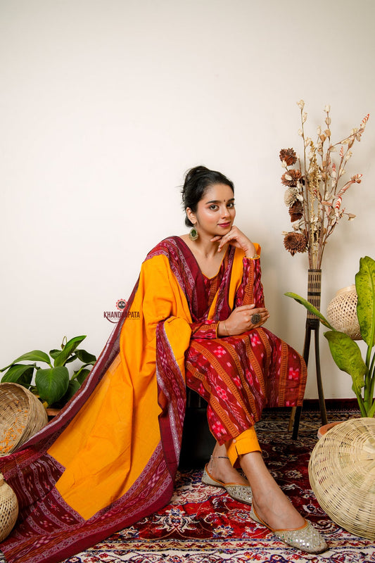 Woman in a maroon and orange traditional outfit sitting on a patterned rug with plants around.