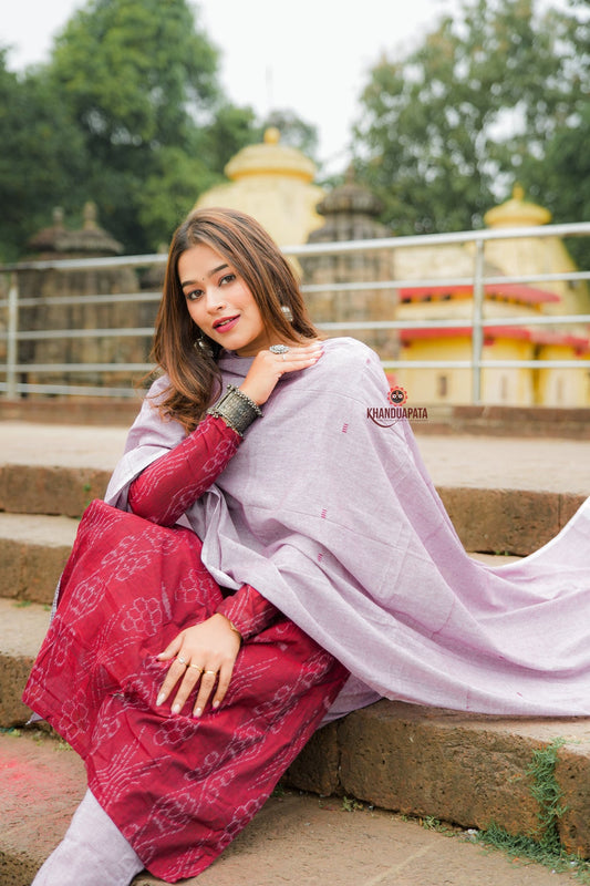 Woman in a pink and red traditional outfit sitting on steps with a temple in the background
