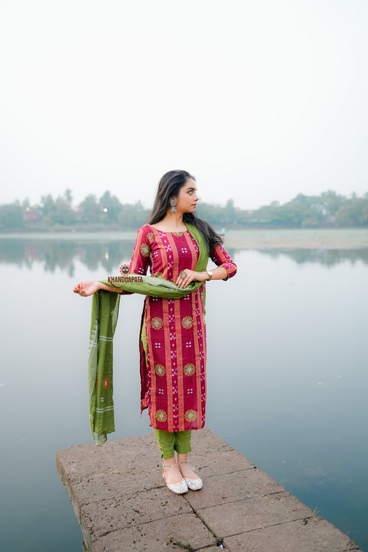 Woman in a pink and green traditional outfit standing on a dock by a lake.