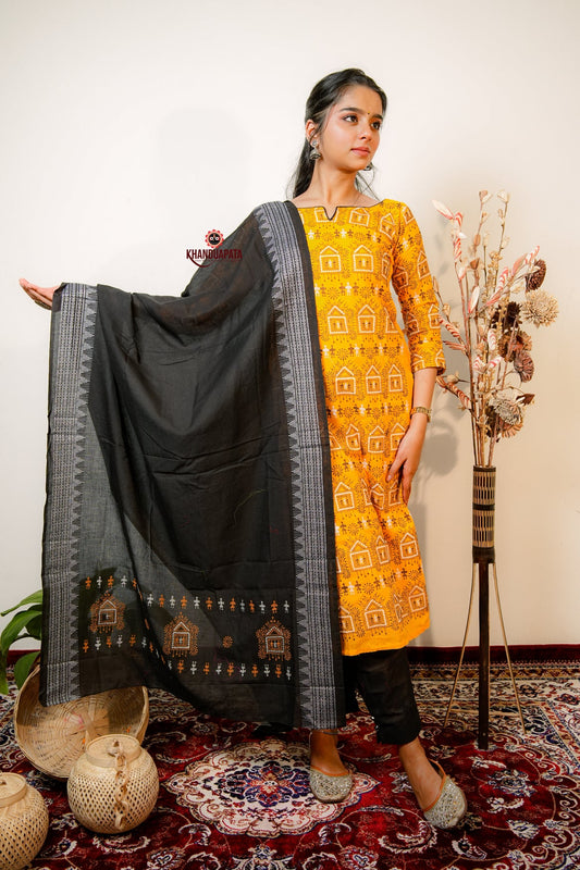 Yellow Embroidery Tribal Design Unstitched Cotton Suit For Women