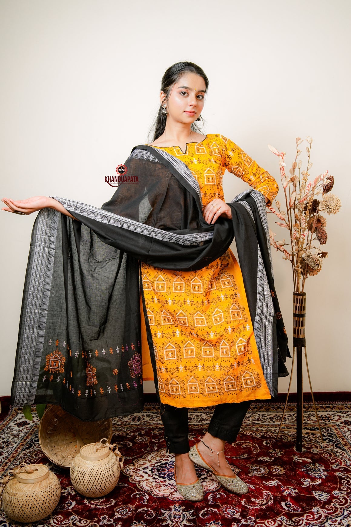 Yellow Embroidery Tribal Design Unstitched Cotton Suit For Women