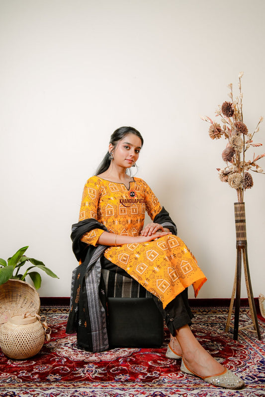 Yellow Embroidery Tribal Design Unstitched Cotton Suit For Women