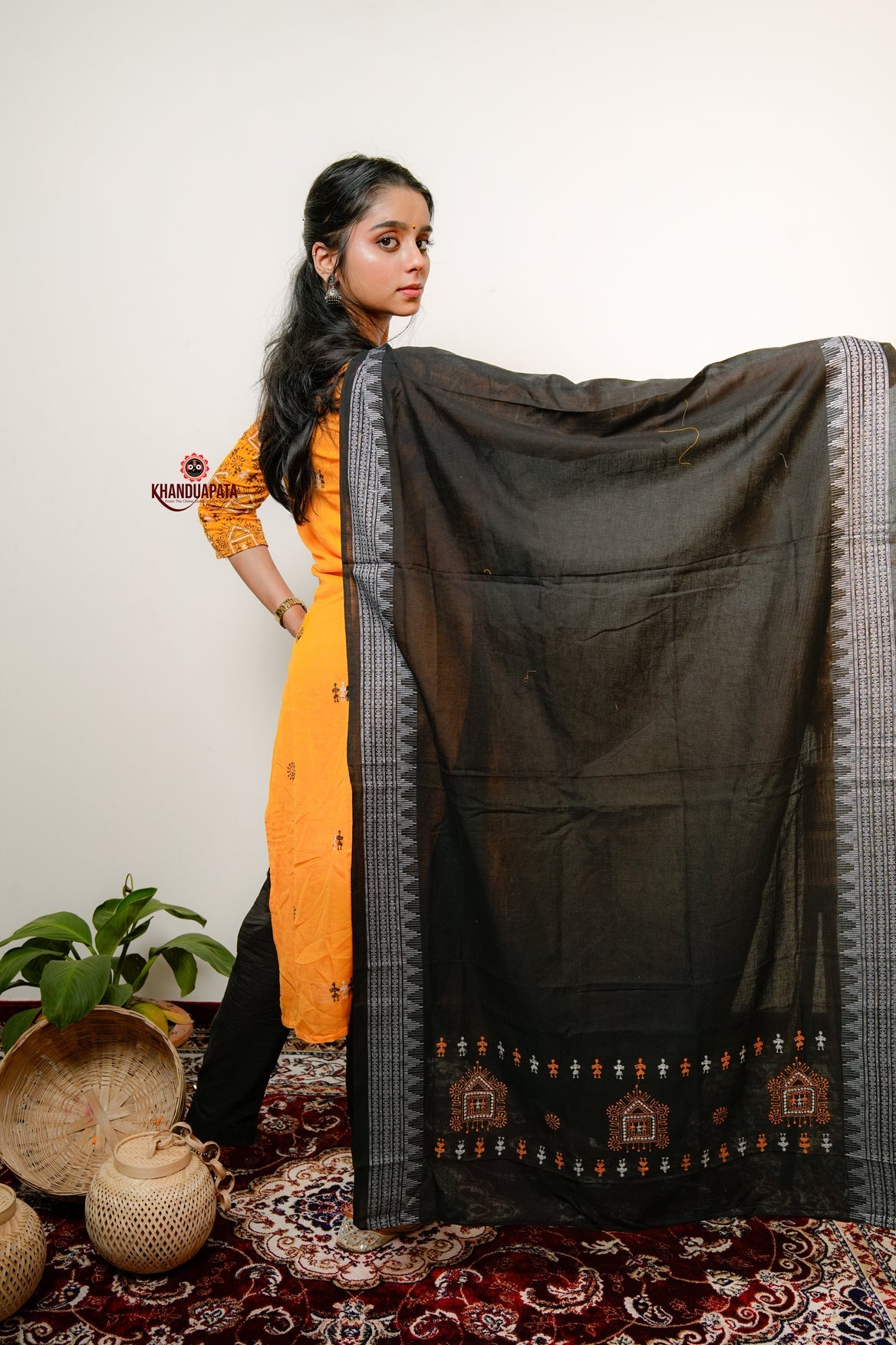 Yellow Embroidery Tribal Design Unstitched Cotton Suit For Women