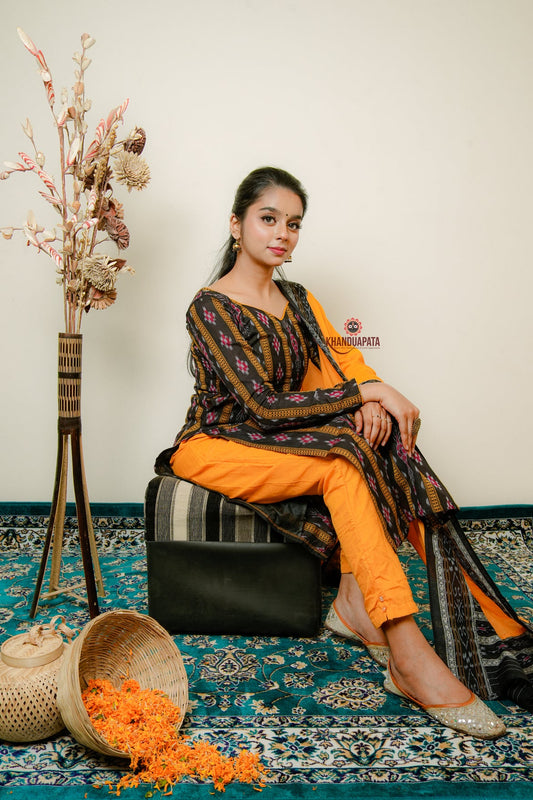 Black & Yellow Design Unstitched Cotton Suit For Women