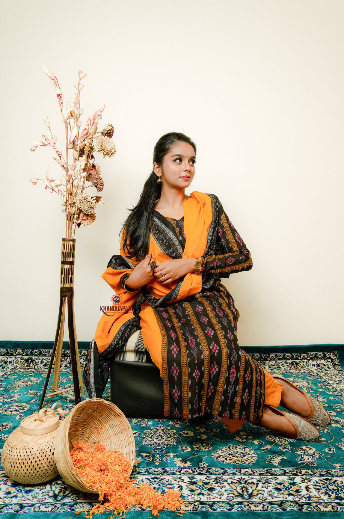 Black & Yellow Design Unstitched Cotton Suit For Women