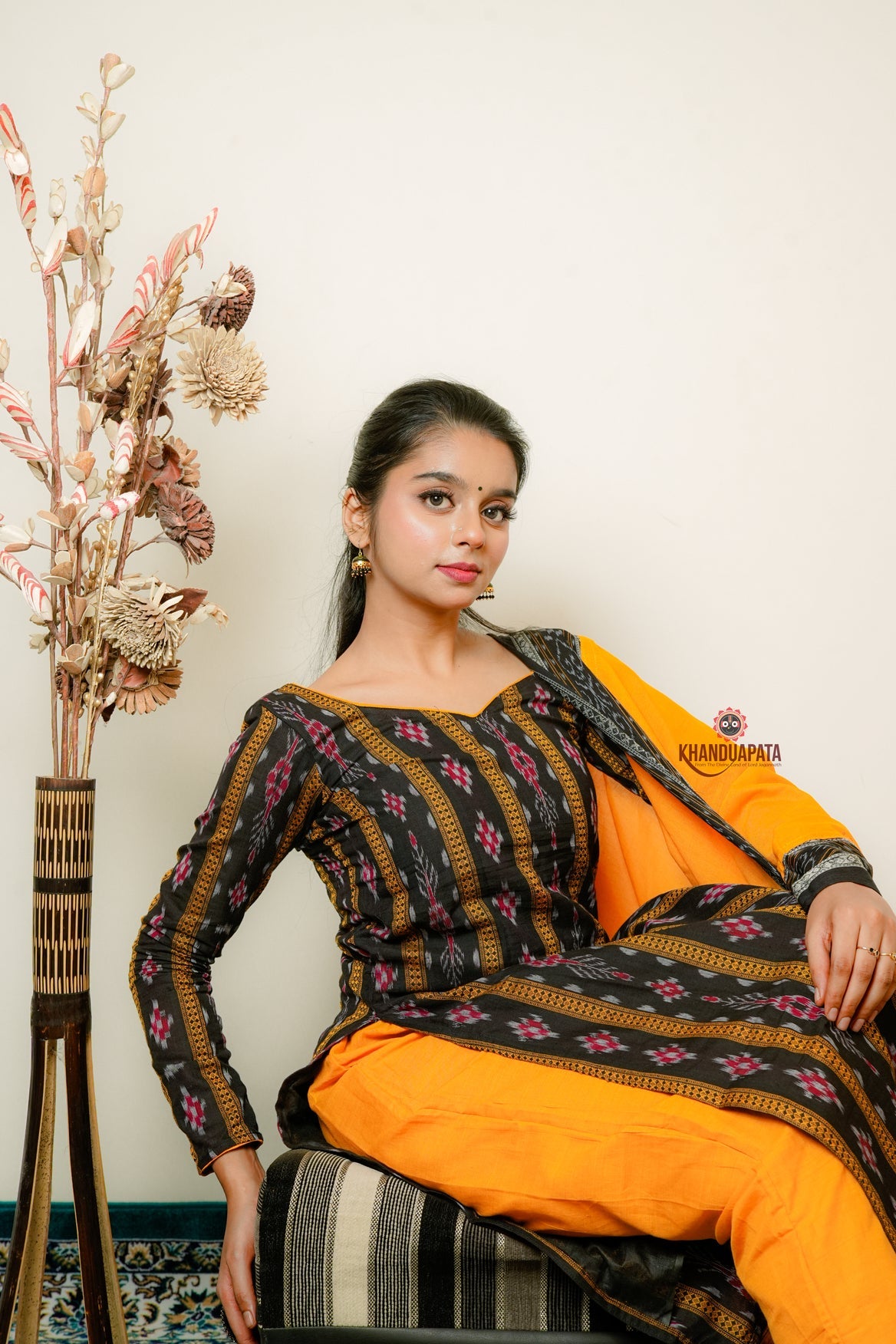 Black & Yellow Design Unstitched Cotton Suit For Women