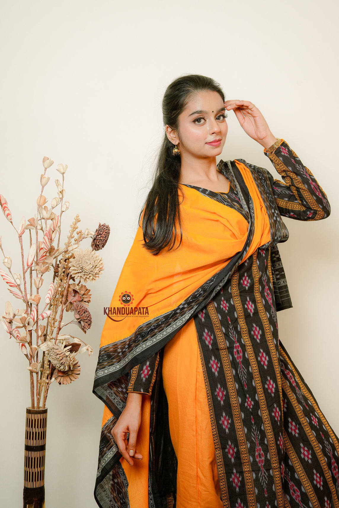 Black & Yellow Design Unstitched Cotton Suit For Women