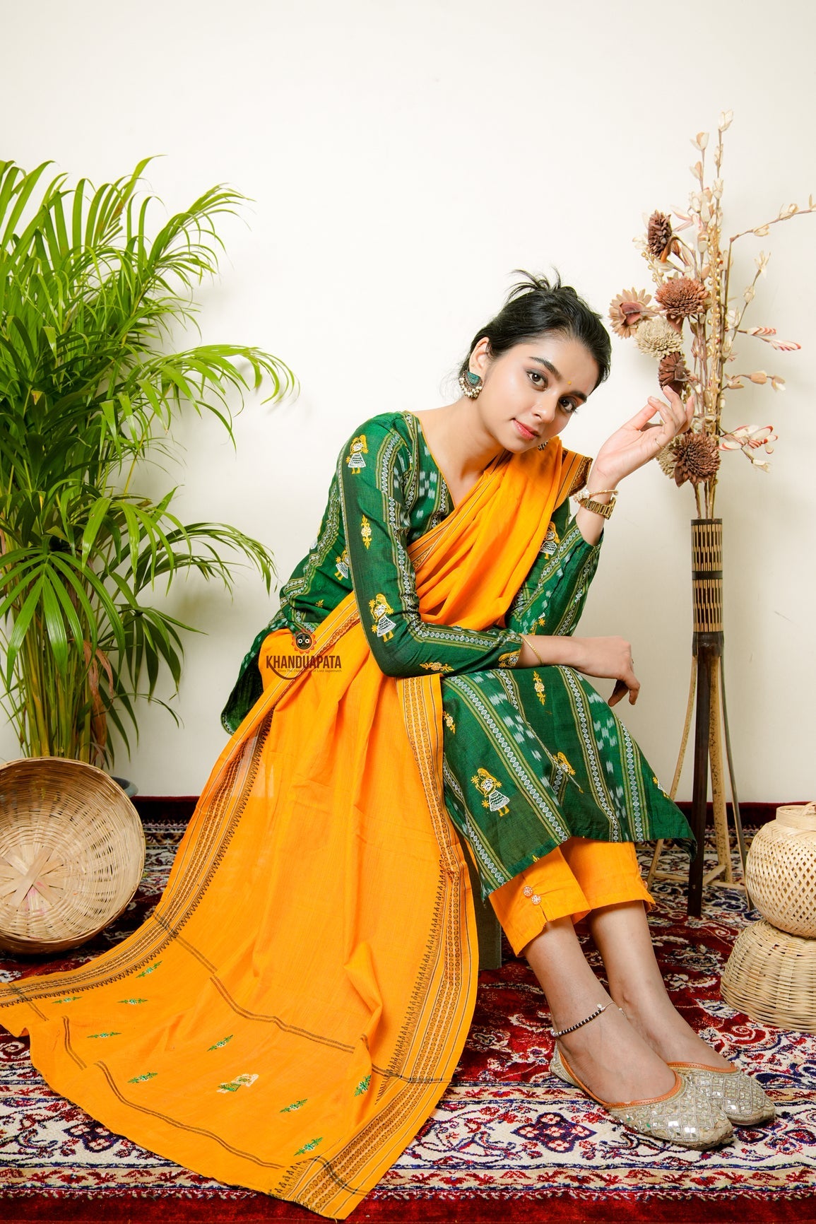 Green & Yellow Design Unstitched Suit For Women
