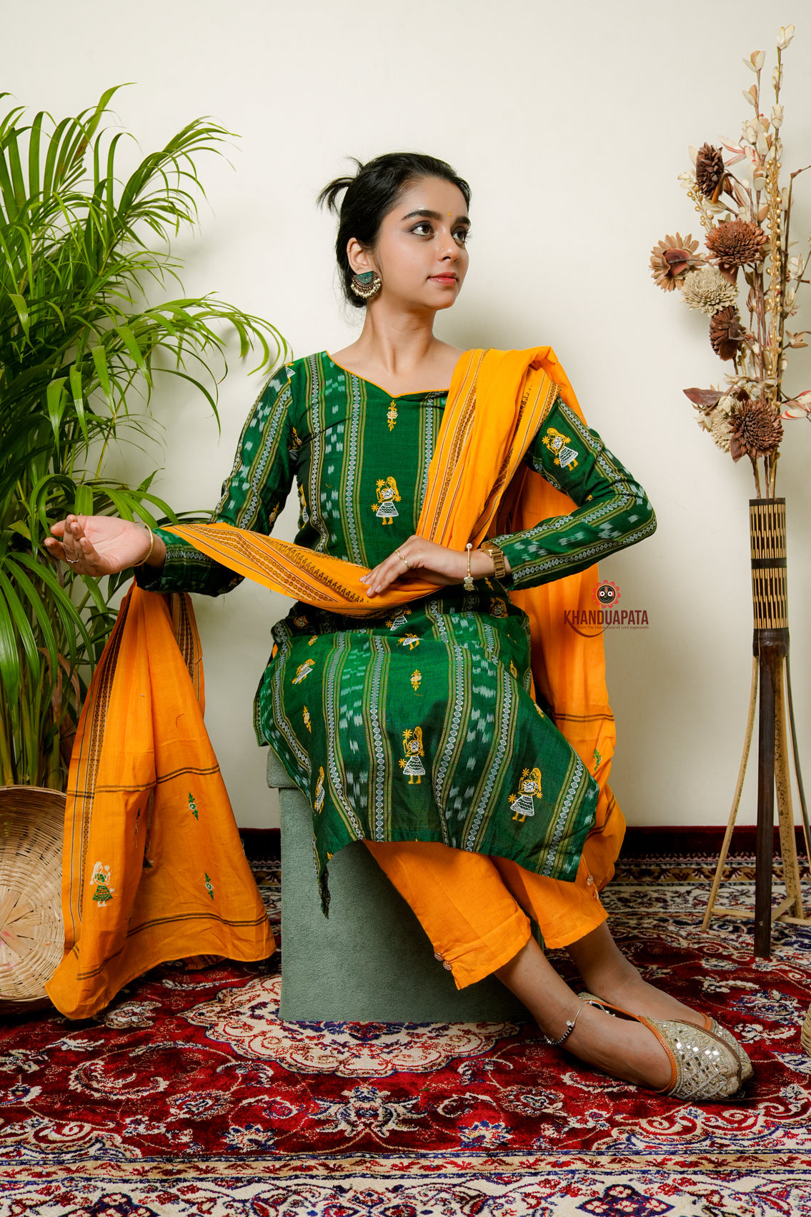 Green & Yellow Design Unstitched Suit For Women