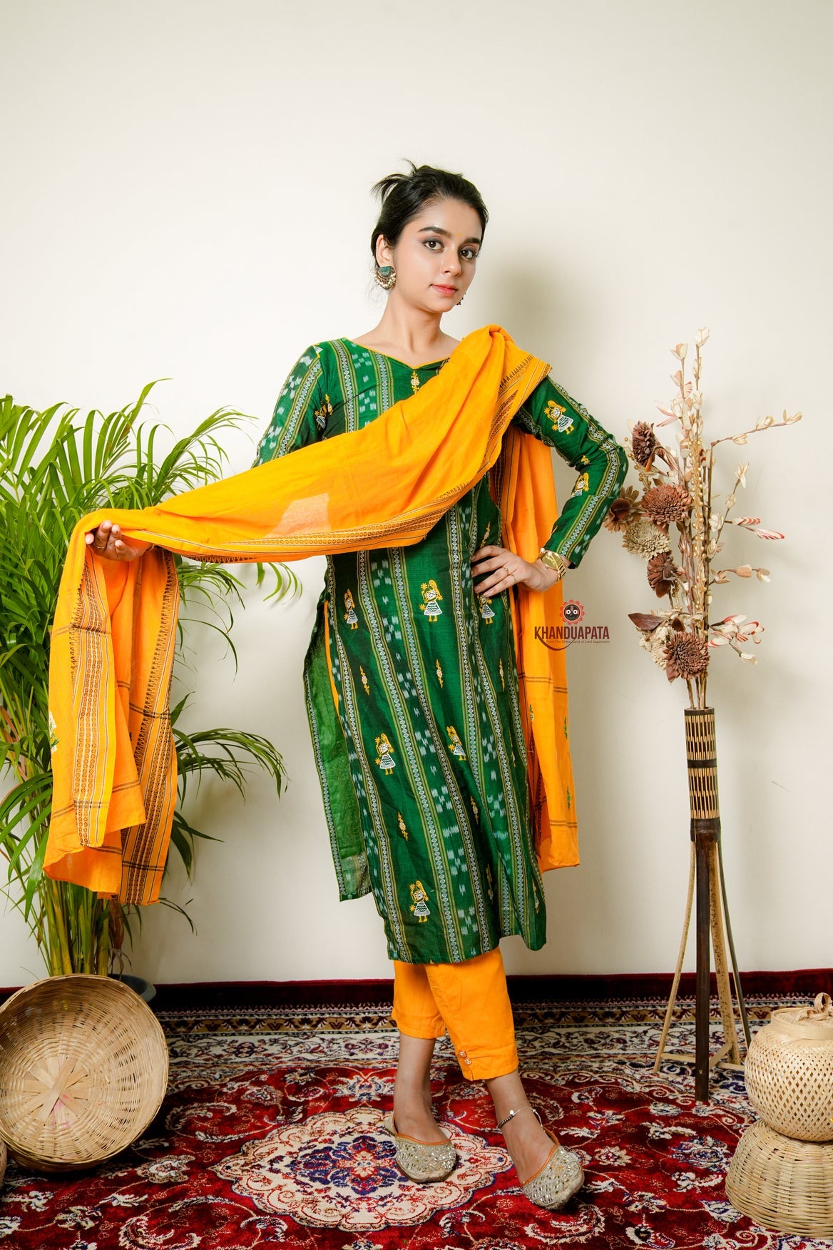Green & Yellow Design Unstitched Suit For Women