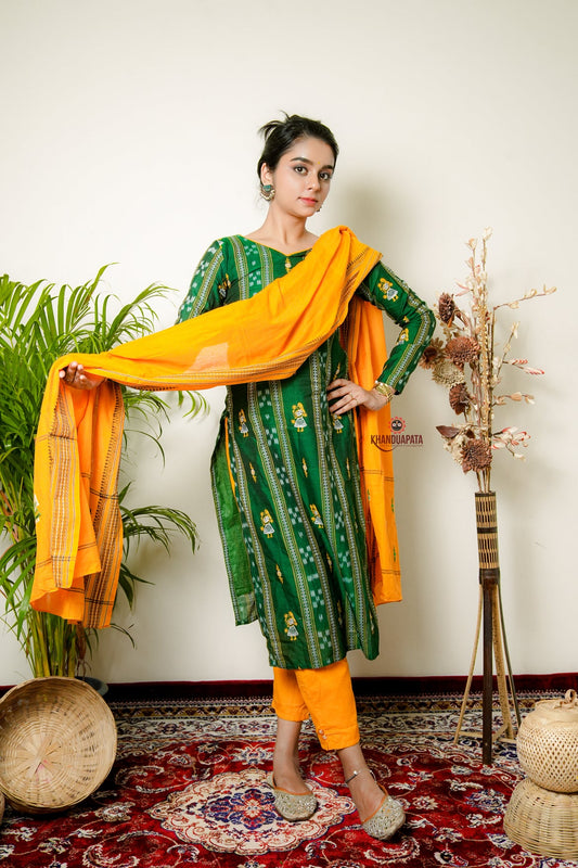 Green & Yellow Design Unstitched Suit For Women