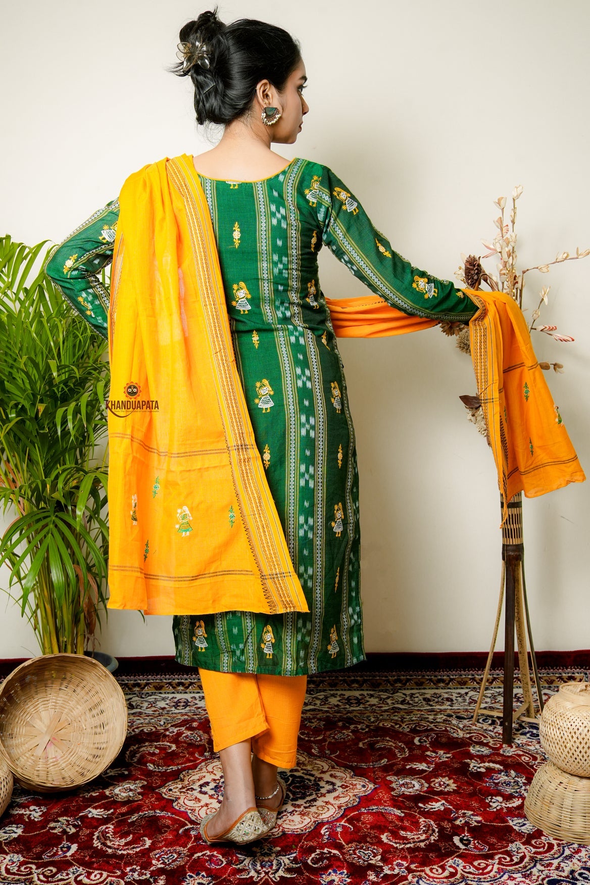 Green & Yellow Design Unstitched Suit For Women